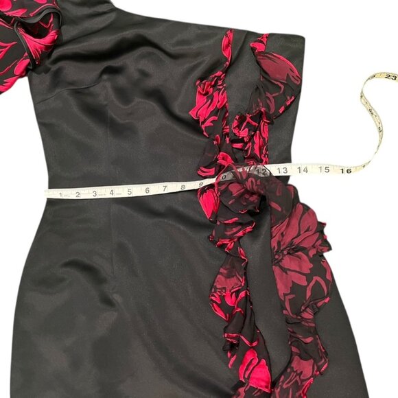 IvaNova Designer One Sleeve Black With Red Ruffle Cocktail Party Mini Dress SZ 4 - Picture 3 of 9